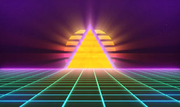 レトロスタイルの80年代Sci Fi背景レーザーグリッドの風景と未来的 1980年代のデジタルサイバー表面スタイル 3Dイラスト 旗の場合 — ストック写真