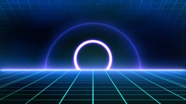 Retro stili 80 'ler-90' lar lazer neon arka planı. Gelecekçi Şebeke manzarası. Dijital Siber Yüzey. 1980-1990 'larda tasarım için uygundu. 3B illüstrasyon