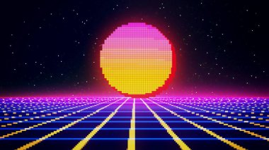 Retro siber punk tarzı 80 'lerin oyun sahne pikseli 8-bit bilim-kurgu arka planı. Lazer ızgara manzaralı gelecekçi. 1980 'lerin dijital siber yüzey tarzı. 3B illüstrasyon