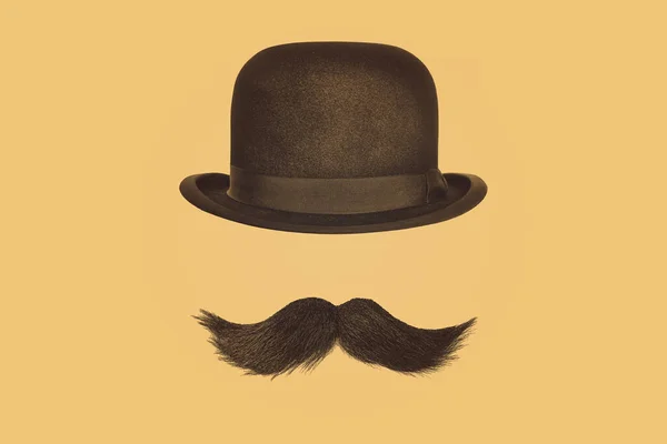 Vintage Bowler Hat Black Curly Moustache Sepia Brown Background — Stock Photo, Image