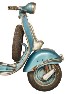Side view of an unrestored vintage blue Italian scooter