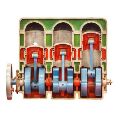 Eğitim amaçlı pistonları olan klasik bir araba motorunun klasik açık modeli