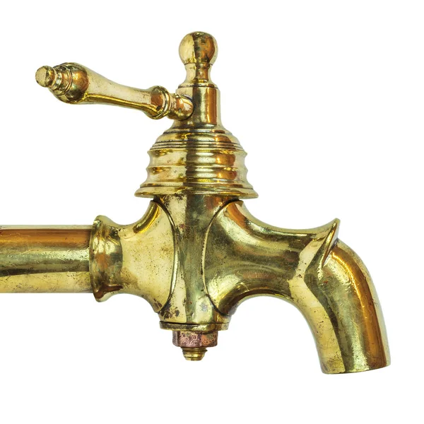 stock image Side view of an ancient brass ornamental water tap isolated on a white background