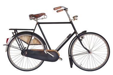 Beyaz arka planda izole edilmiş deri eyerli ve tahta saplı klasik Hollandalı erkek bisikleti.