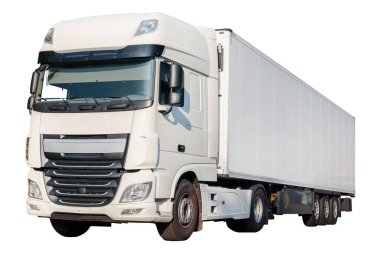 Fotokopi alanı olan yeni beyaz kargo kamyonu beyaz arka planda izole edilmiş.