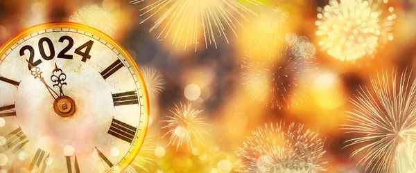 2024 New Year Clock Counting Midnight Defocused Golden Background Fireworks Stock Photo