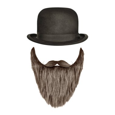 Beyaz arka planda izole edilmiş kıvırcık sakallı ve bıyıklı klasik melon şapka.