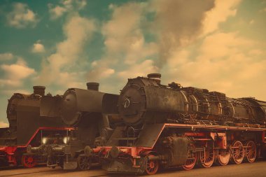 Kasvetli mavi gökyüzünün önünde buharlı üç eski buhar lokomotifi.