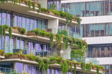 Amsterdam Zuidas bölgesinde asılı tesisleri olan lüks apartman kuleleri.