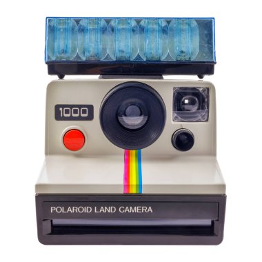 Dieren, Hollanda - 27 Ekim 2023: Antik Polaroid fotoğraf makinesi Dieren, Hollanda 'da beyaz bir arkaplan önünde parlıyor
