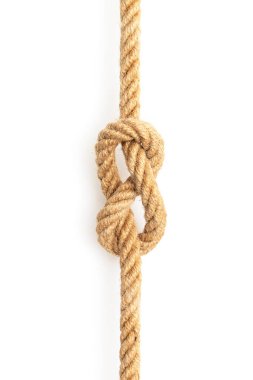 Rope with tied knot on white background