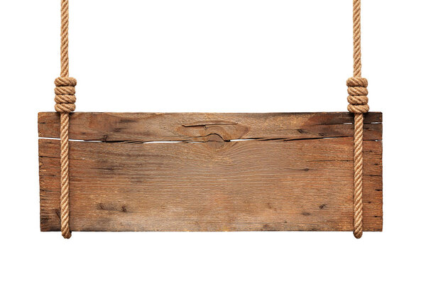 Wooden sign hanging on a rope on white background