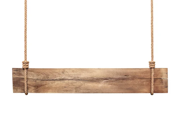 Wooden Sign Hanging Rope White Background — Fotografia de Stock