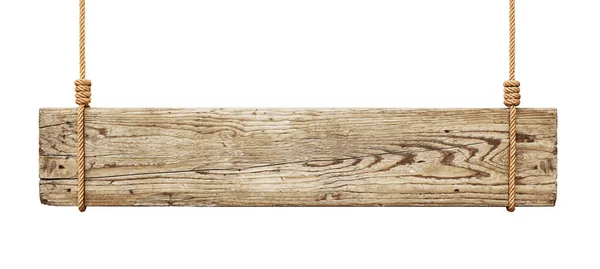 Holzschild Das Einem Seil Auf Weißem Hintergrund Hängt — Stockfoto