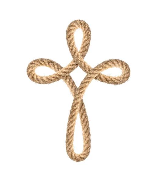 Touw Vorm Van Een Christelijk Kruis Geïsoleerd Wit — Stockfoto