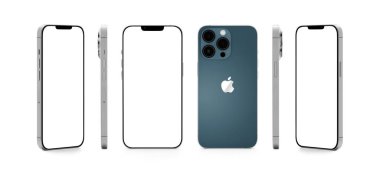 Belgrad, Sırbistan - 16 Haziran 2023: iPhone 13 Pro modelleme seti, kırpma yolu da dahil olmak üzere farklı açılara sahip
