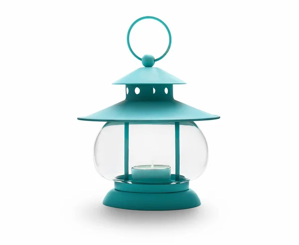 Small Candle Old Fashioned Turquoise Lantern White Background Including Clipping — Stock Photo, Image