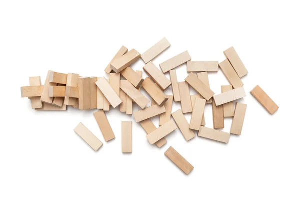 Concept Risk Destruction Pile Small Wooden Blocks Collapsed Tower White — Stock Photo, Image