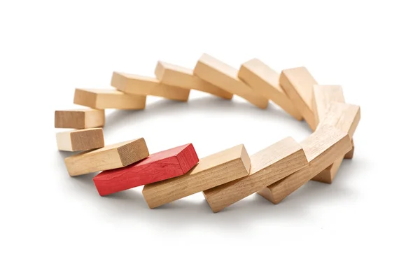 Stop Destructive Processes Red Wooden Block Triggered Domino Effect Circle — Stock Photo, Image