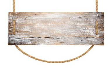 Wooden sign hanging on a rope on white background