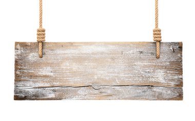 Wooden sign hanging on a rope on white background