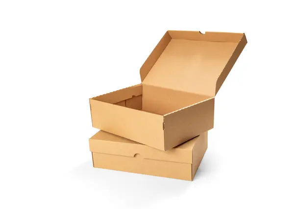 Коробка Коричневой Картонной Обуви Крышкой Обуви Упаковки Кроссовок Изолированная Белом Лицензионные Стоковые Изображения