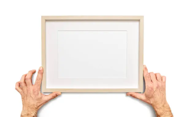 Mężczyzna Ręce Trzyma Pusty Obraz Ramki Białym Tle Tym Ścieżka Zdjęcia Stockowe bez tantiem