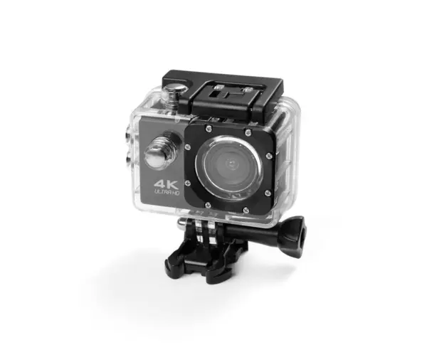 Камера Action Защитной Коробке Съемки Динамических Видео Белом Фоне Включая Стоковое Фото