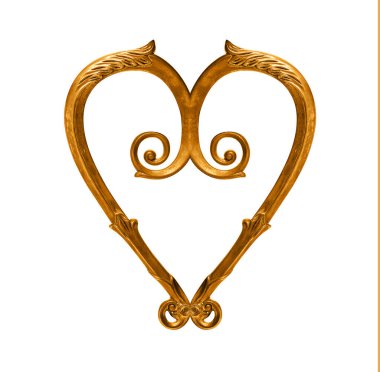 Altın kalp şekilli pirinç çerçeve beyaz üzerinde izole, kırpma yolu dahil