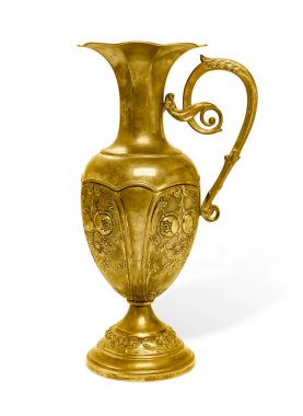 Kesme yolu da dahil olmak üzere, süslü kıvrımlı tutacağı olan izole bronz bir sürahi.