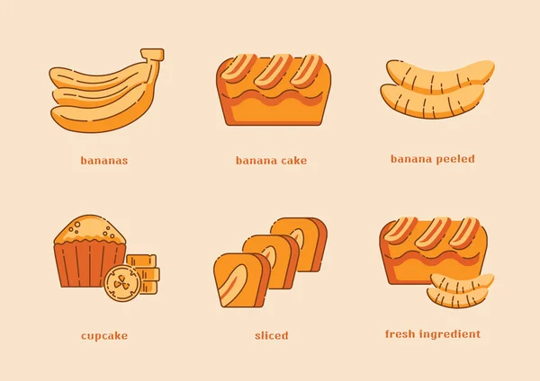 Clean Food Bananenkuchen Icon Set Mit Bananenfrucht Zutat — Stockvektor