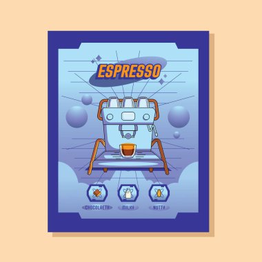 Kahve çekirdeği etiketi ve Y2K tarzı espresso makinesi ile çikolata, fındık ve süt ile illüstrasyon.