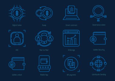 Kriptocrrency ile Fintech simgesi seti, internet ve engelleme teknolojisiyle ödeme, kredi, kârlı, KYC gibi akıllı finans tekolojisini temsil eder..