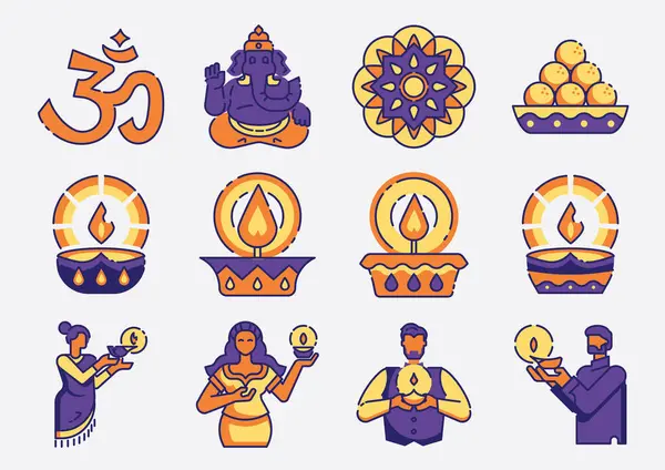 Diwali Viering Icoon Set Met Decoratie Kaars Hindoe Mensen Luddu — Stockvector