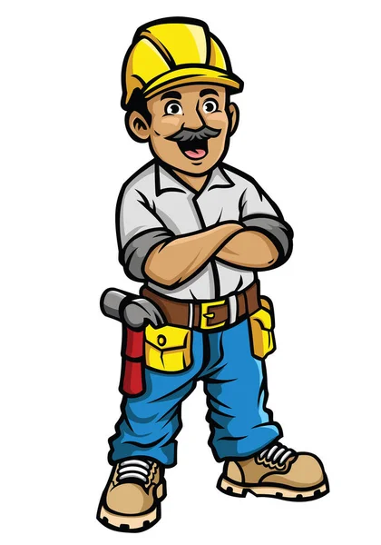 Happy Construction Worker Hand Drawn Cartoon Style — Stock Vector