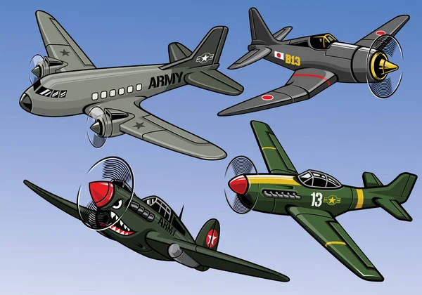 Tam Renkli Dünya Savaşı Askeri Uçakları Koleksiyonu — Stok Vektör