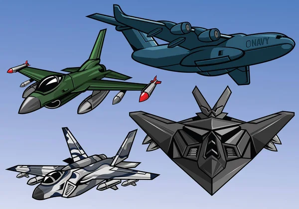 Tam Renkli Modern Askeri Uçak Koleksiyonu — Stok Vektör