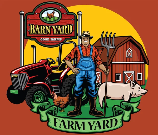 Farmer Pose His Tractor Farm Yard — Stock Vector
