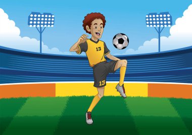 Futbolcu futbol stadyumunda topla hokkabazlık yapıyor.