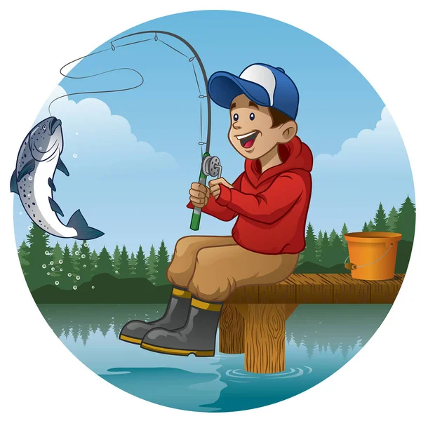 Cartoon Menino Desfrutando Pesca Lago — Vetor de Stock