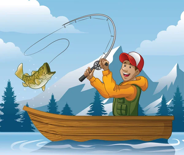 Desenho Animado Homem Que Pesca Barco — Vetor de Stock