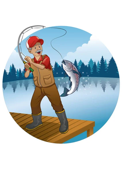 Velho Homem Cartoon Pesca Truta Peixe —  Vetores de Stock