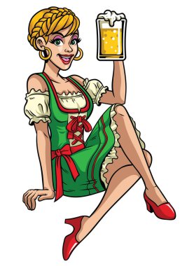Oktoberfest 'in mutlu kızı içki içiyor ve bira sunuyor.