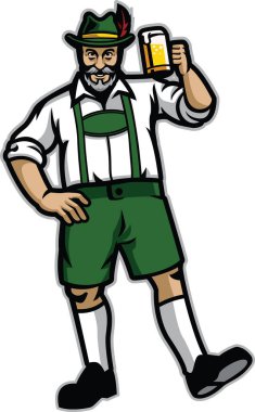 Yaşlı adam deri pantolon giyiyor ve birasıyla mutlu.