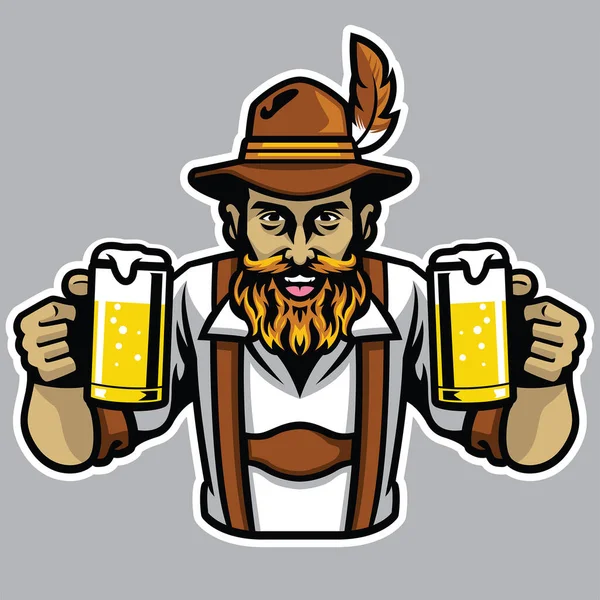 Bearded Bavarian Man Holding Couple Beer Pint Glass — Stock Vector