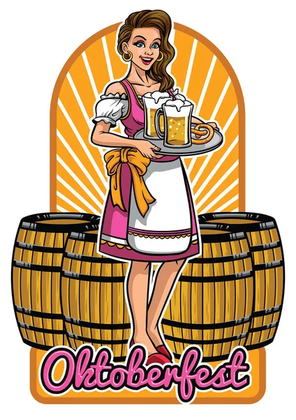 Hermosa Chica Oktoberfest Presentando Cervezas — Vector de stock