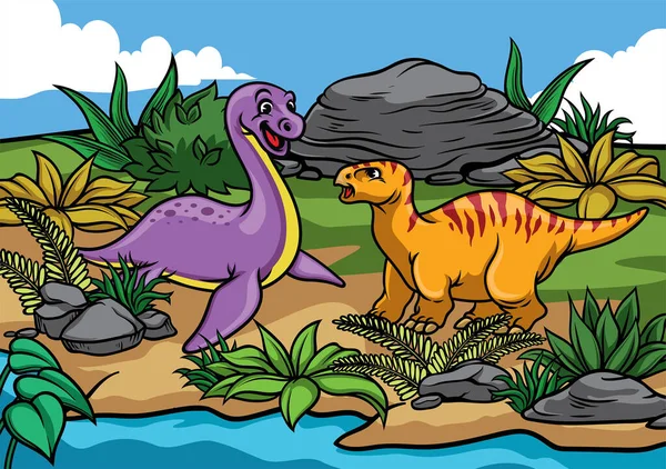 Šťastný Dinosauři Karikatura Přírodě — Stockový vektor