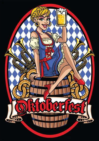 Feliz Chica Oktoberfest Sentado Barril Cerveza — Vector de stock