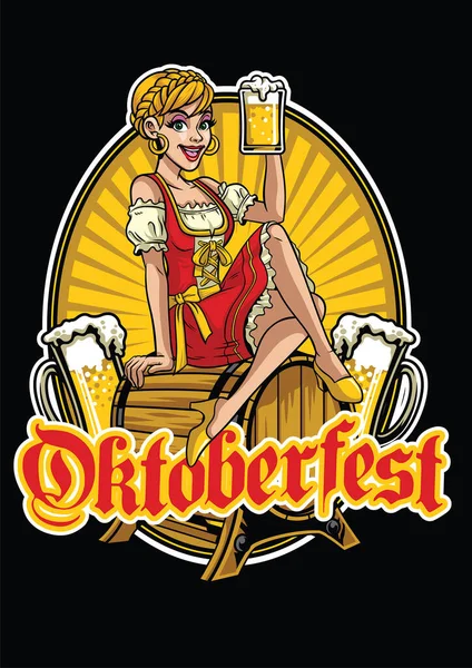 Happy Girl Oktoberfest Presenting Beer — Stock Vector