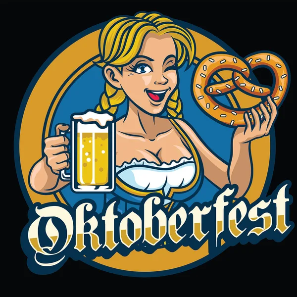 Sexy Bavarian Girl Hold Pretzel Beer — Stock Vector